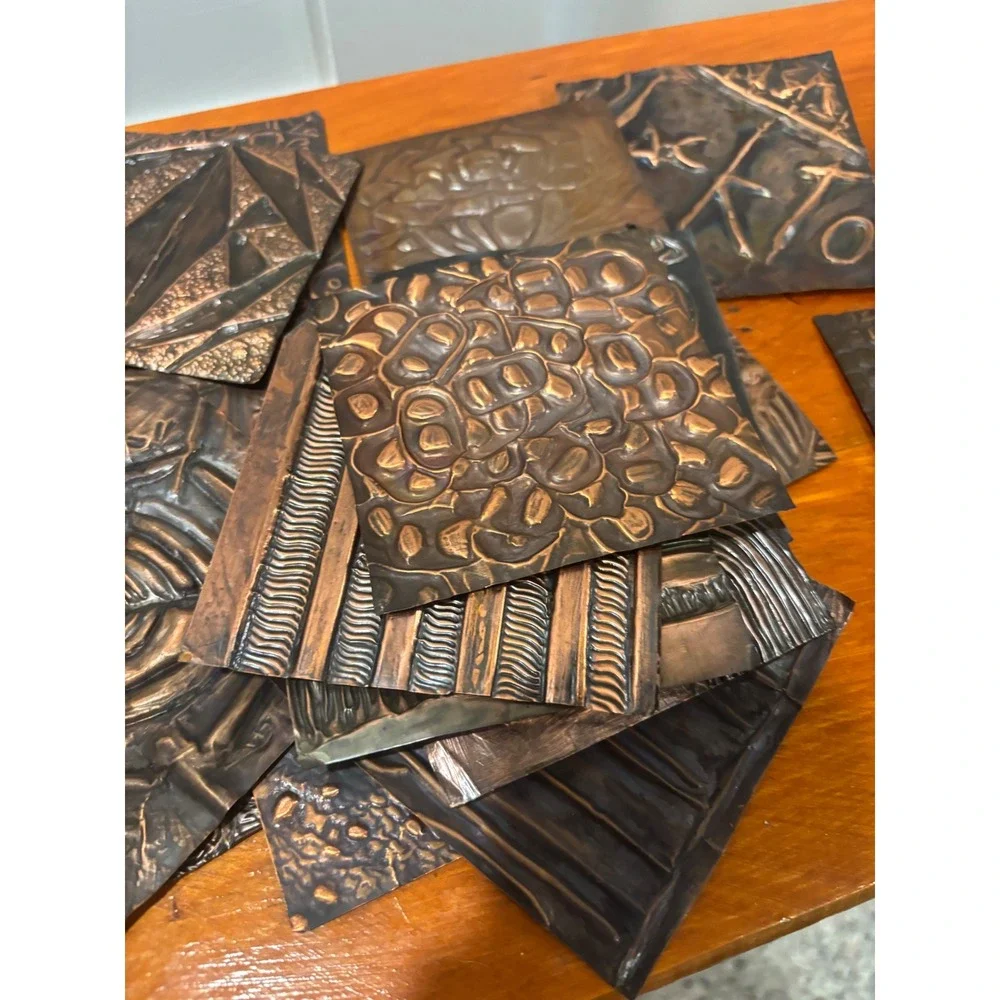 Vintage Handmade Copper Repousse Tiles Lot 18 Count 4x4 Abstract Art Supplies